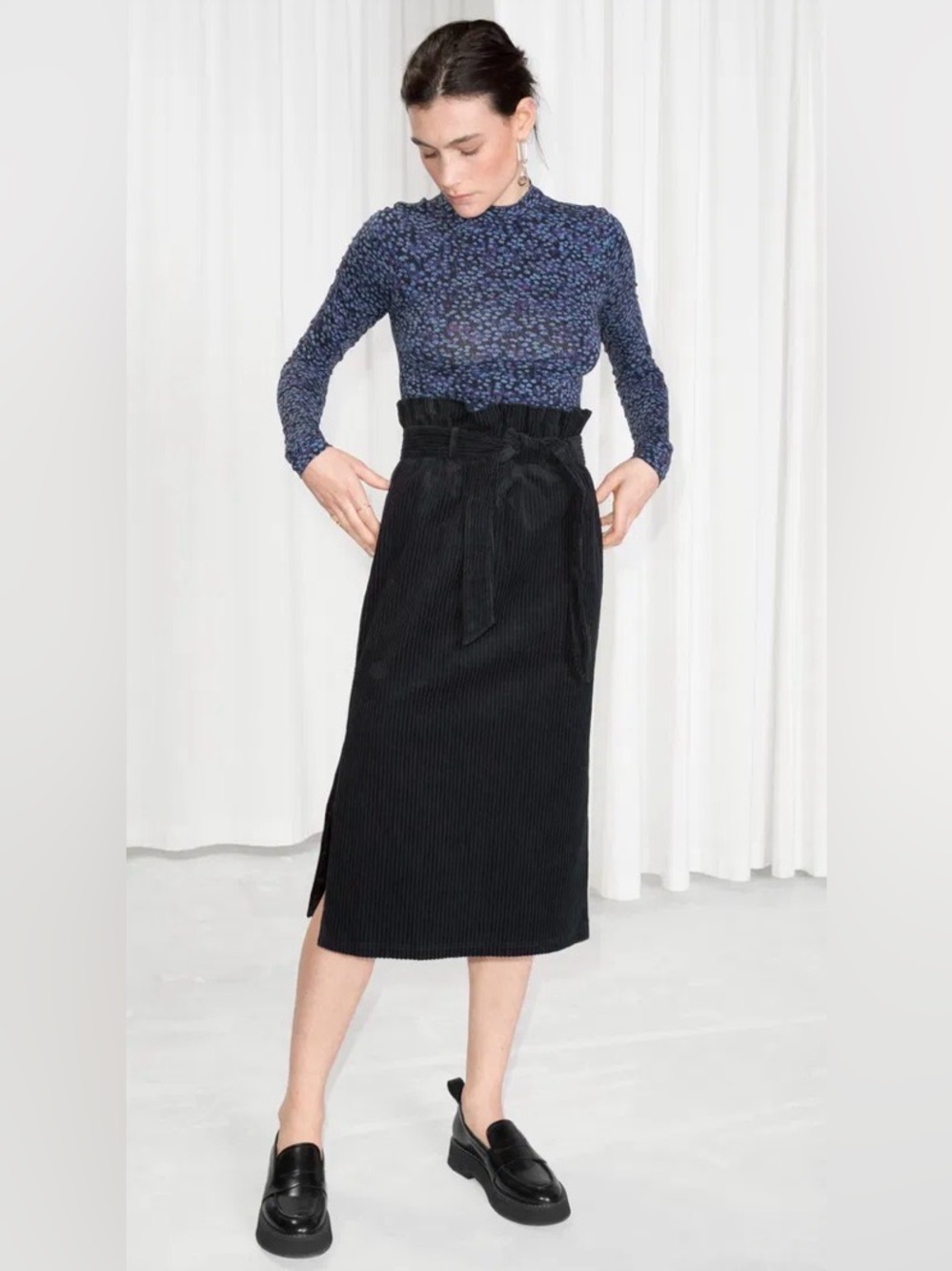 & Other Stories Black Paperbag Corduroy Skirt